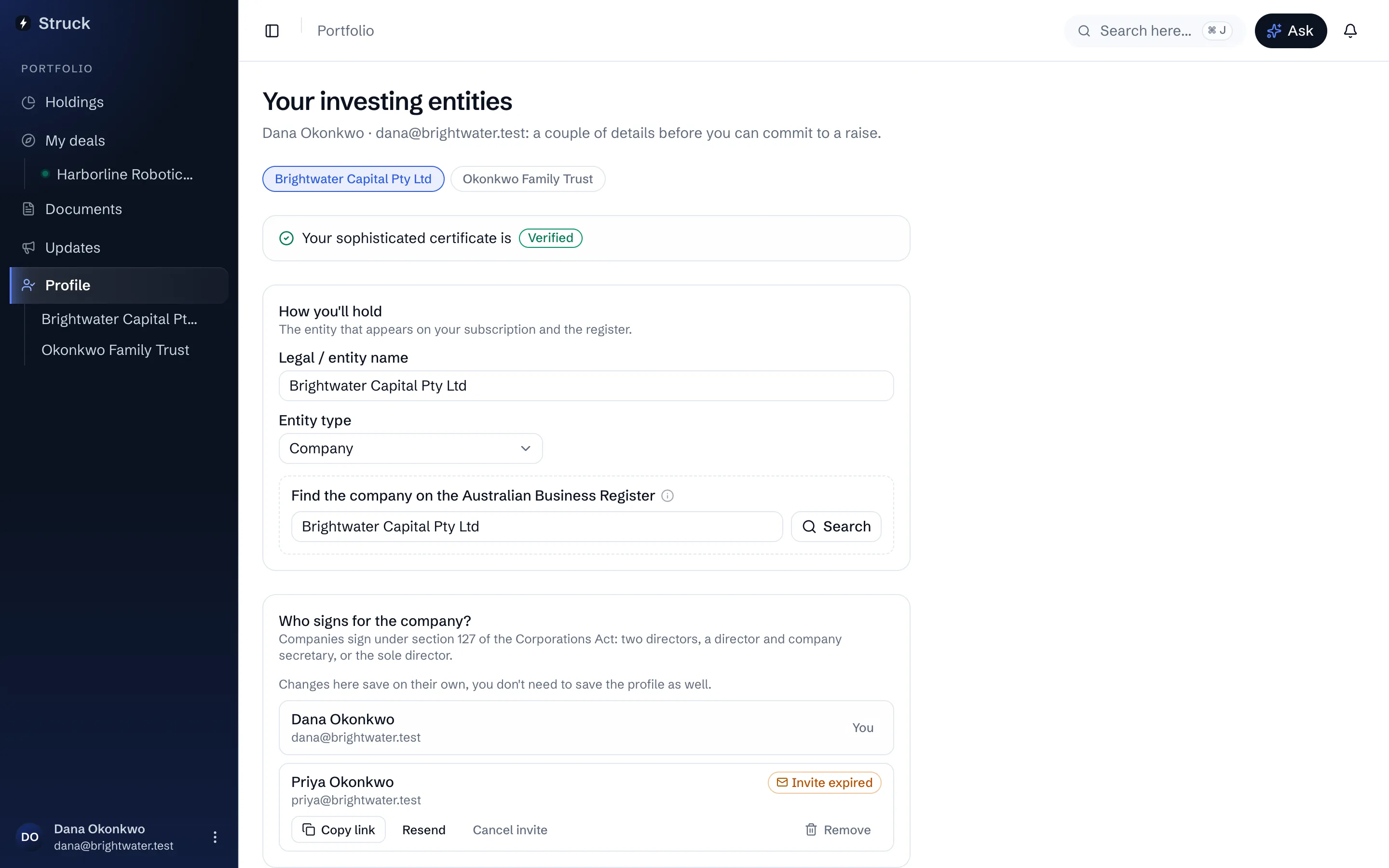 The investor profile: how you hold, the legal name for the register, and the certification section.