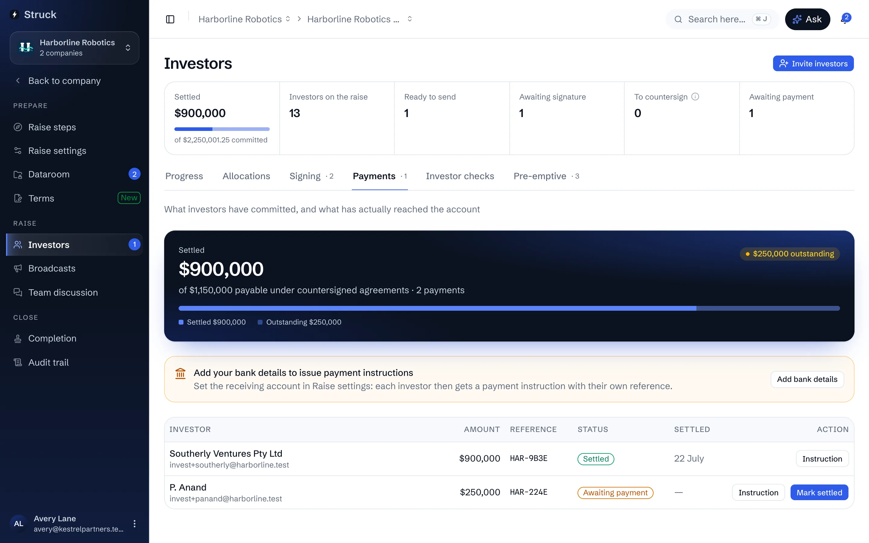 The Payments screen: what each investor has committed, what has arrived, and Mark settled on each row.