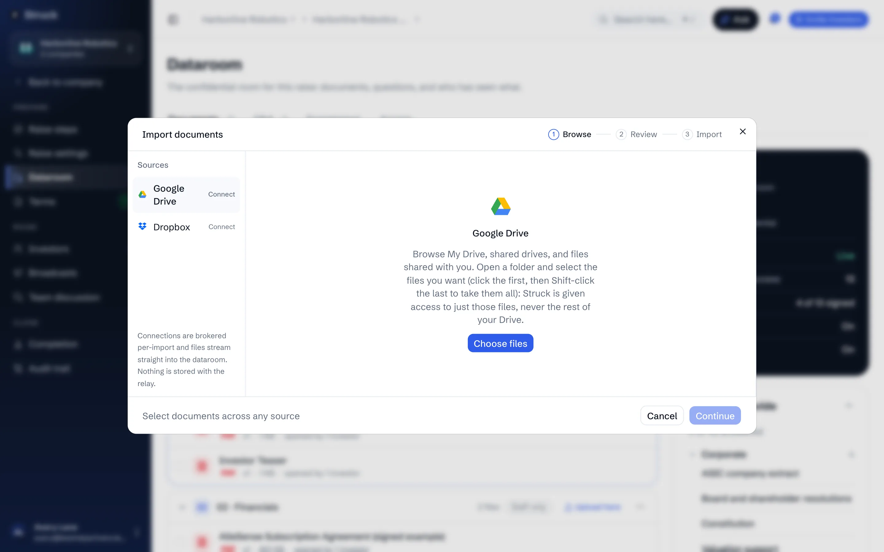 The Import documents dialog with Google Drive and Dropbox in the Sources rail, each with a Connect button.