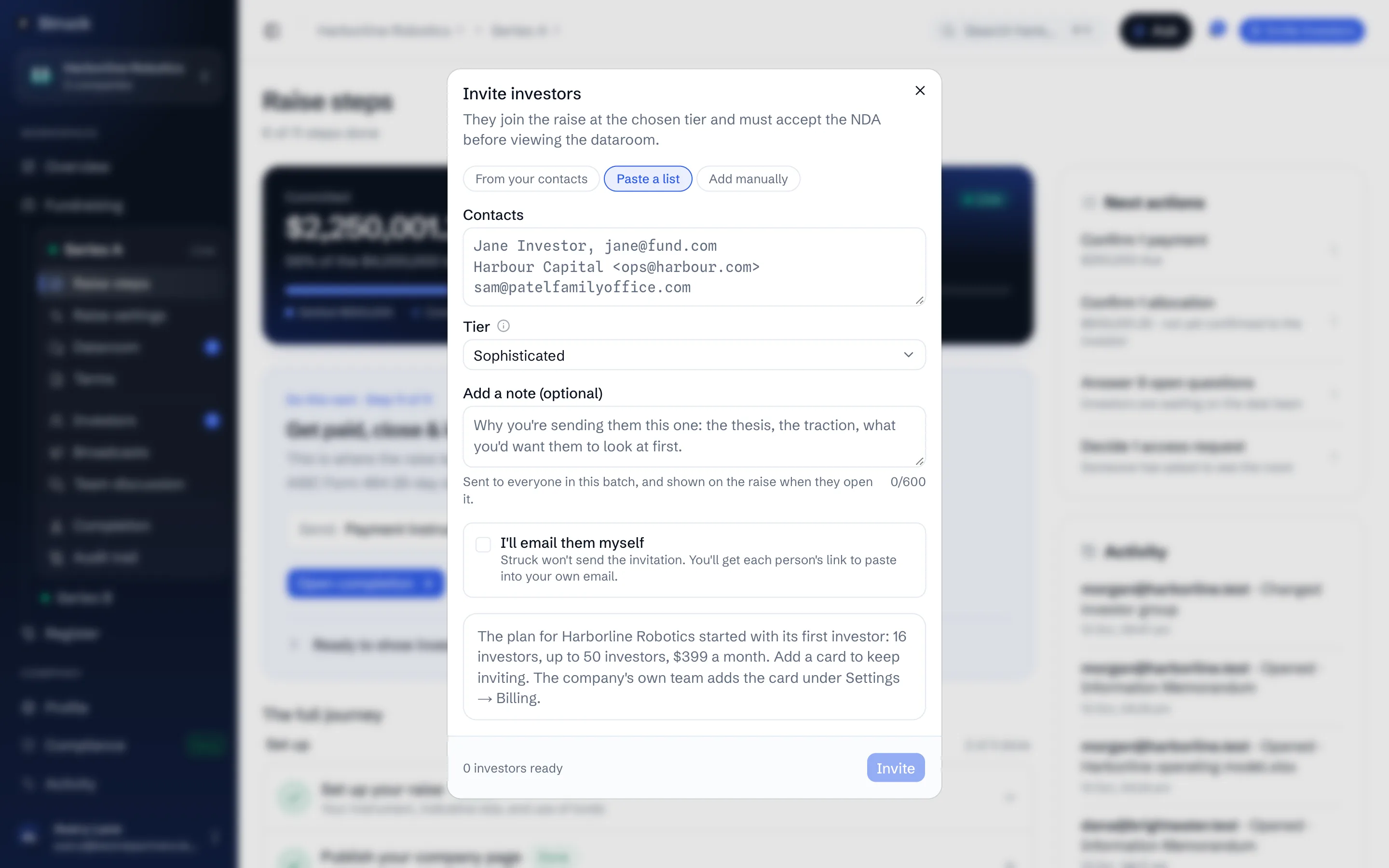 The Invite investors dialog: contacts, a pasted list or a single name and email, the tier, and the optional note.