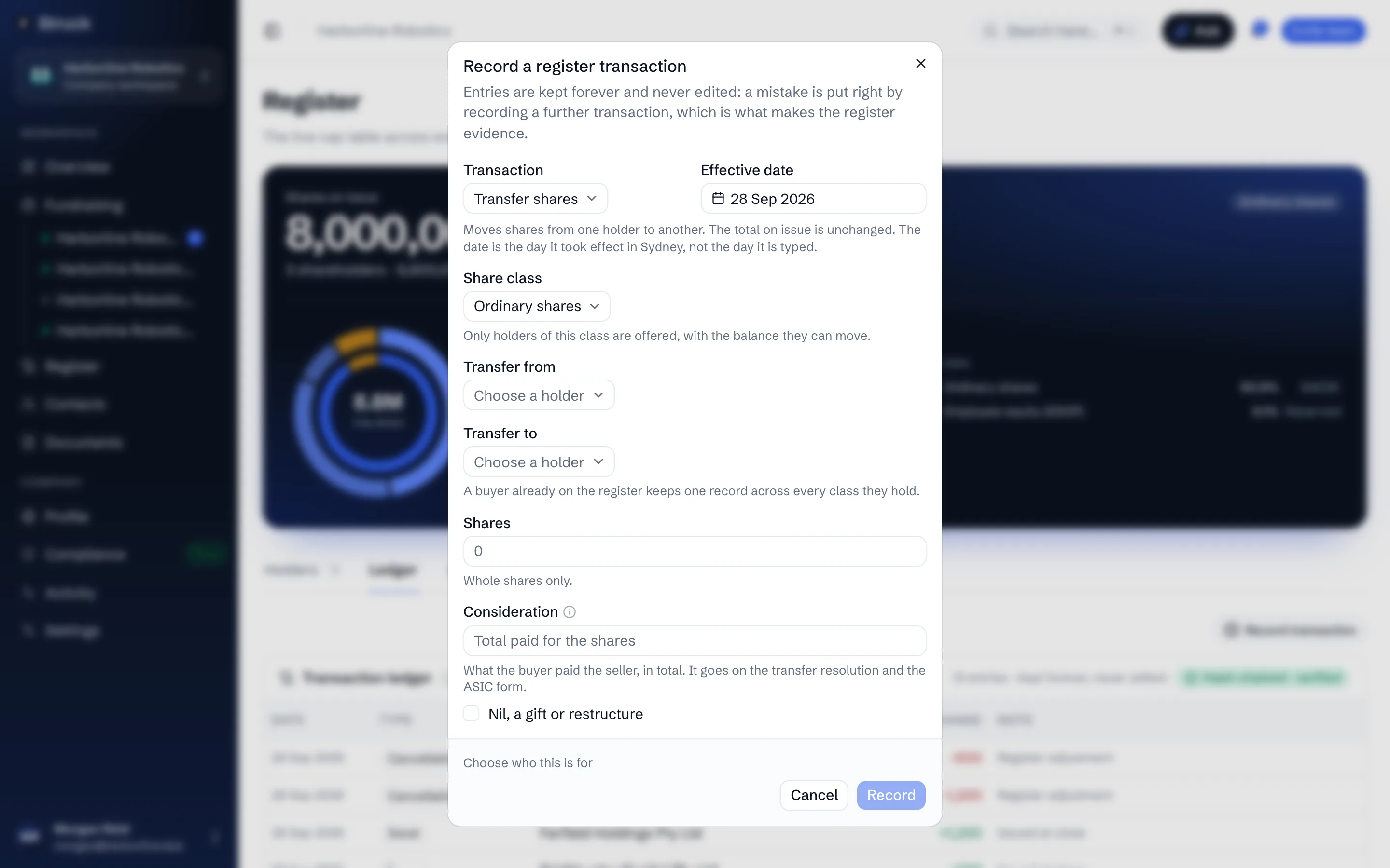 The Record a register transaction dialog on the Ledger tab: transaction type, effective date, class, holders and shares.