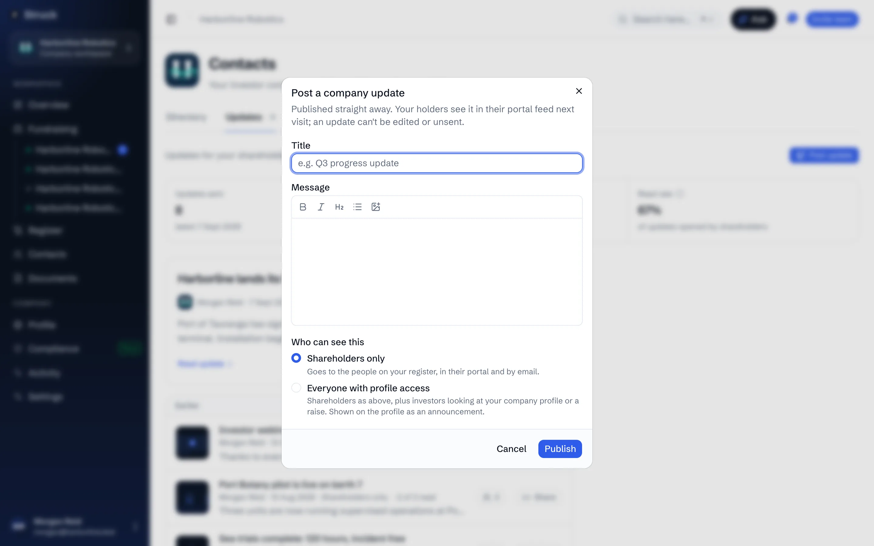 The Post a company update dialog: title, message, and who can see it.