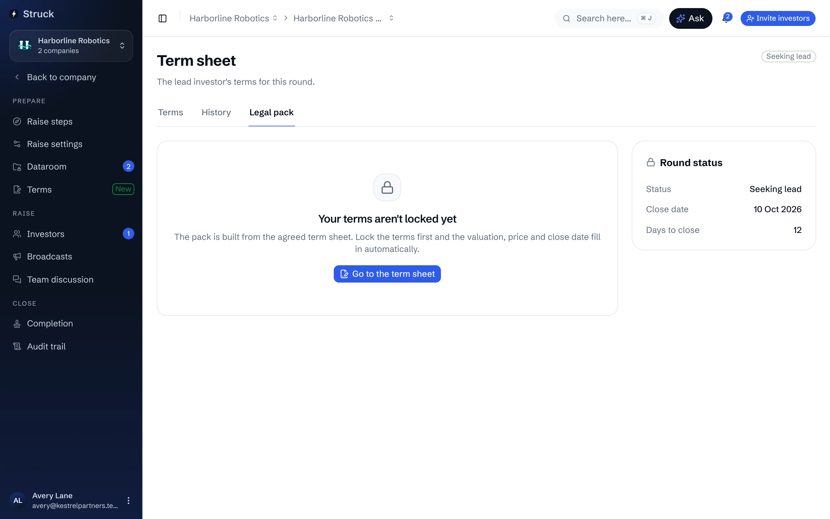 The Legal pack tab before the terms are locked: it says the pack is built from the agreed term sheet and points to the Term sheet screen.