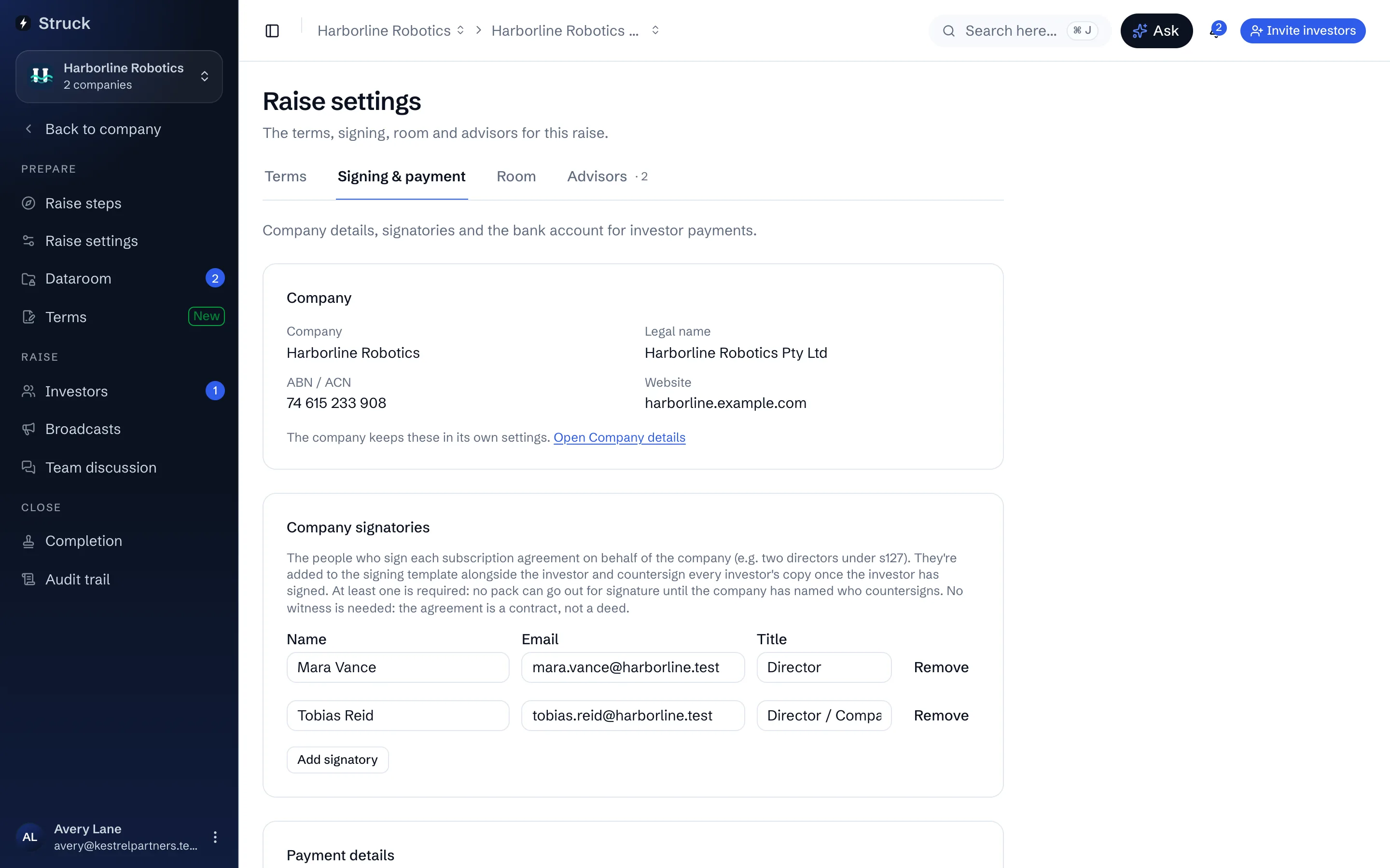 Raise settings, Signing and payment: the company signatories and the receiving bank account.