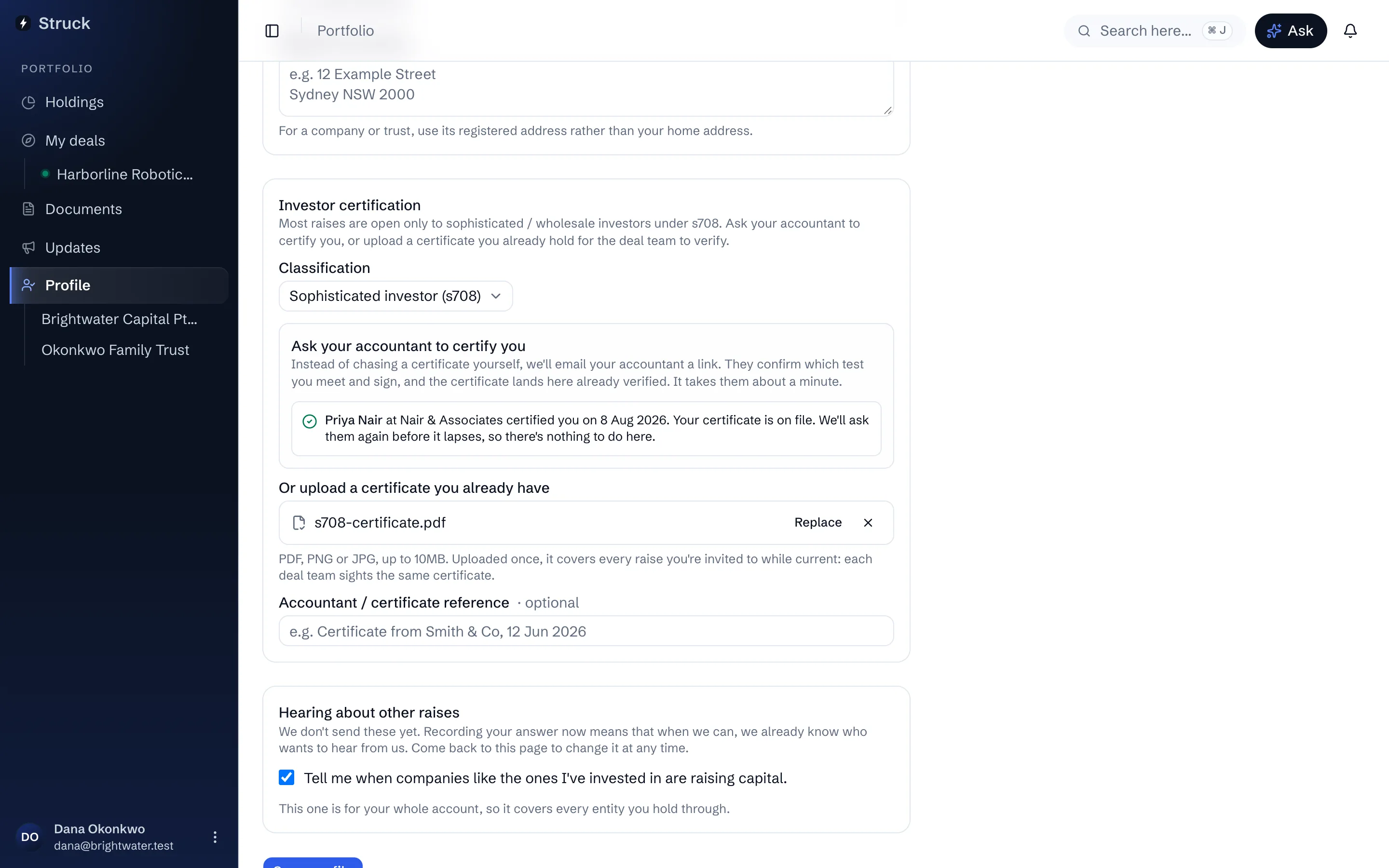 The Investor certification section of an investor's profile, with the classification and the request to an accountant.