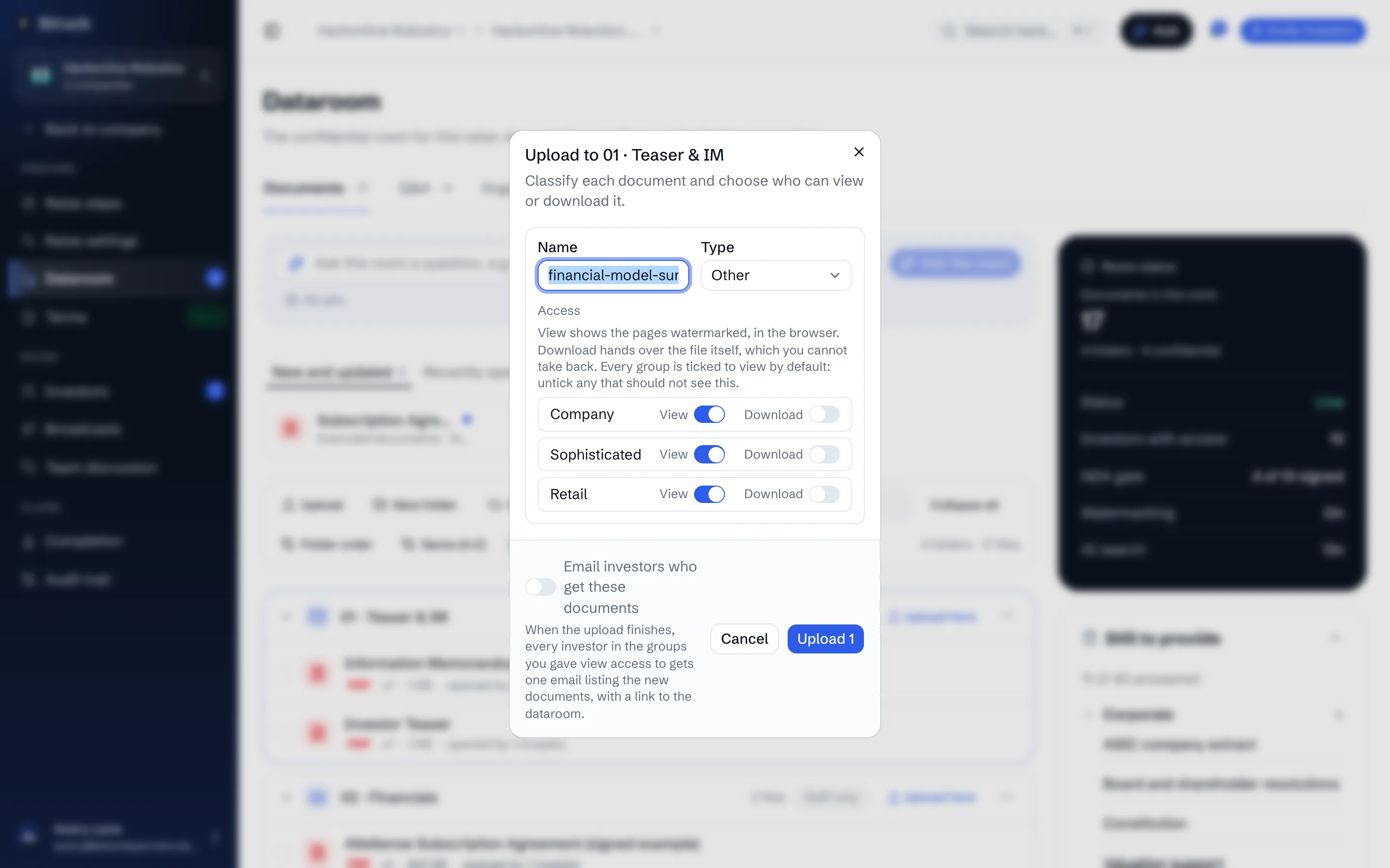 The upload review dialog: a name and type for the file, and View and Download switches for each investor group.