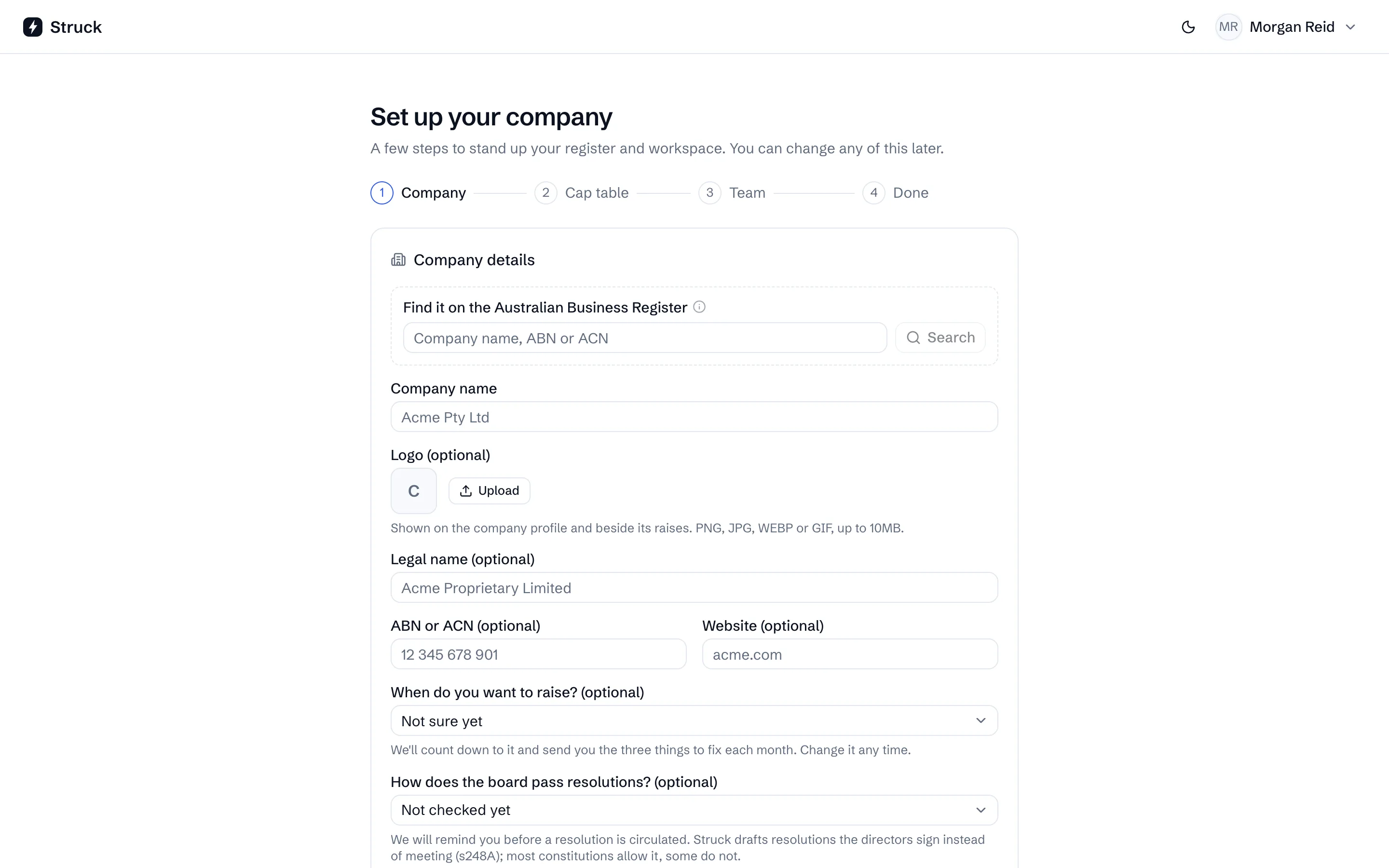 The Set up your company wizard on its Company step: name, legal name, ABN or ACN, website.