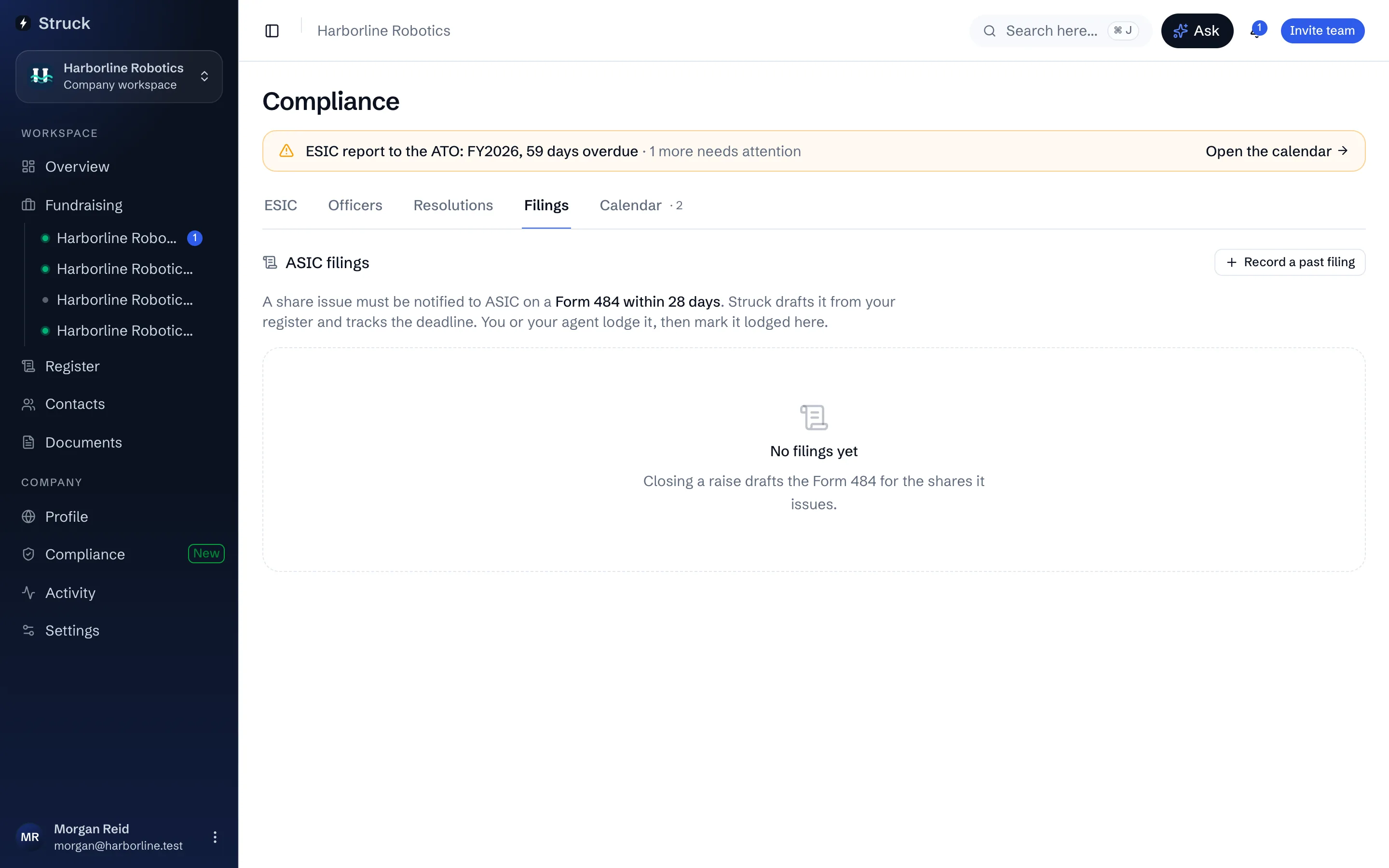 The Filings tab: each Form 484 with its shares, consideration, deadline and status.